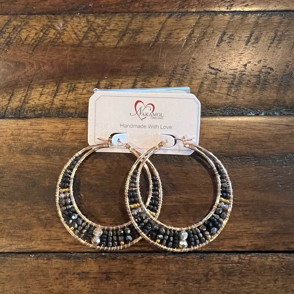 Black and Gold Hoop Earrings with Intricate Detailing